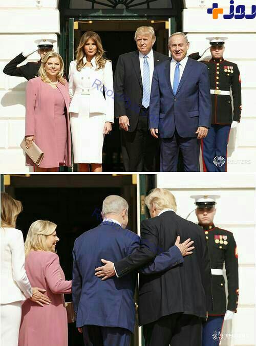 استقبال ترامپ و همسرش از نخست‌وزیر رژیم صهیونیستی در حین ورود به کاخ سفید
