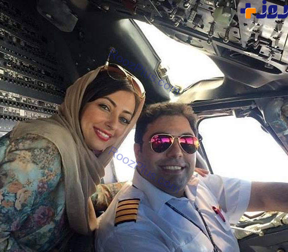 خانم بازیگر و همسر خلبانش در کابین هواپیما +عکس