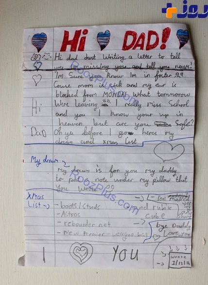 نامه دردناک کودک برای پدر فوت شده اش که قلب ها را تکان داد+عکس