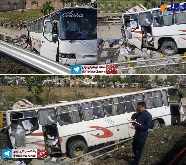 تصاویری از واژگونی اتوبوس حامل دانش آموزان که در بزرگراه یادگار امام تهران