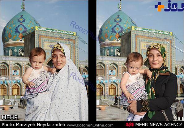 مقایسه تصاویر دختران جوان قبل و بعد از استفاده از چادر در امام زاده صالح
