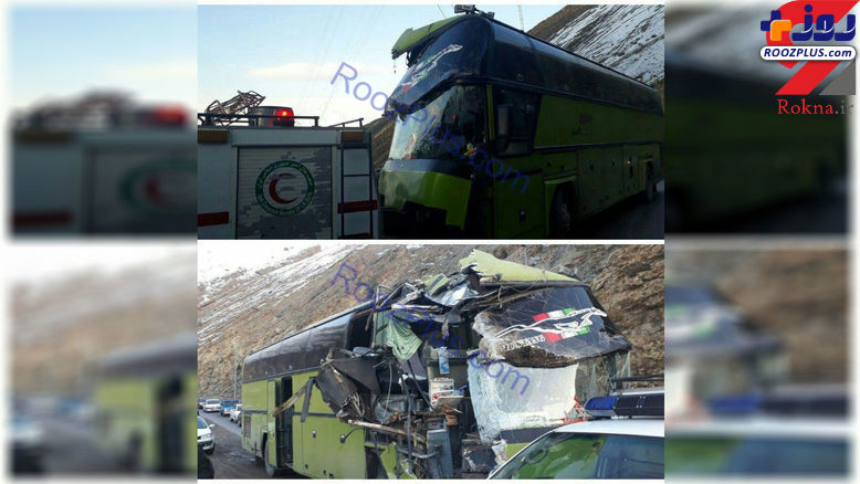 اتوبوس مچاله شده در تصادف با کوه جاده چالوس+عکس