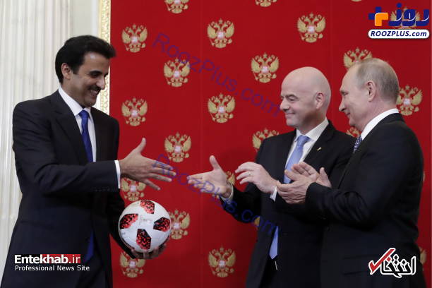 امیر قطر نماد جام جهانی ۲۰۲۲ را از پوتین و اینفانتینو تحویل گرفت +تصاویر