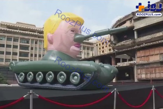 عکس/ ساخت ماکت یک تانک به شکل ترامپ در بیروت