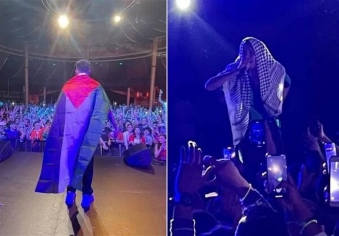 کنسرت خواننده رپ با چفیه و پرچم فلسطین در قلب پاریس