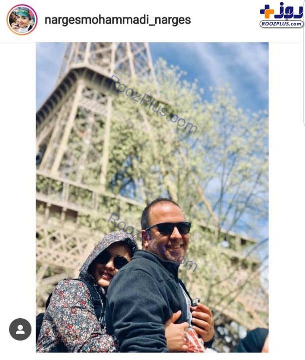 عکس عاشقانه نرگس محمدی و علی اوجی کنار برج ایفل