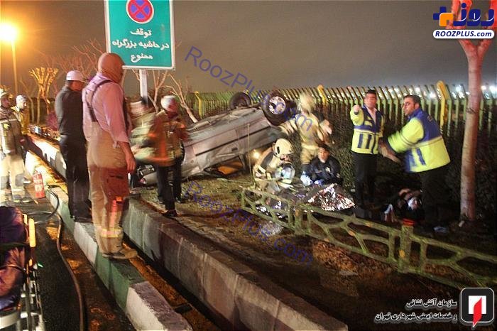 واژگوني پژو ۴۰۵ در بزرگراه آیت‌الله سعیدی تهران +عكس