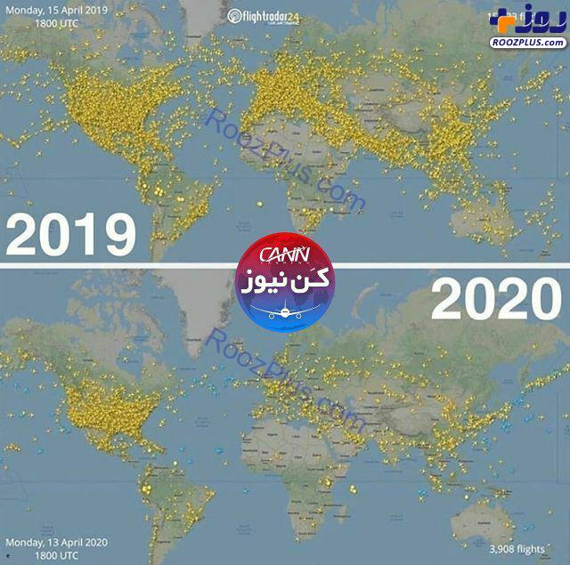 تصویری از تفاوت ترافیک هوایی در روزهای کرونایی و گذشته