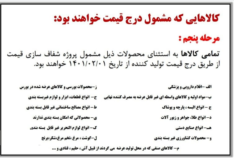 کالا‌هایی که مشمول درج قیمت تولیدکننده روی کالا نمی‌شوند