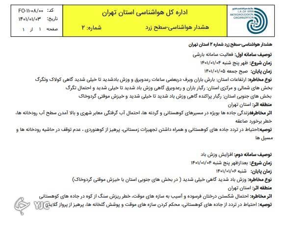هواشناسی: وزش باد شدید طی فردا در تهران