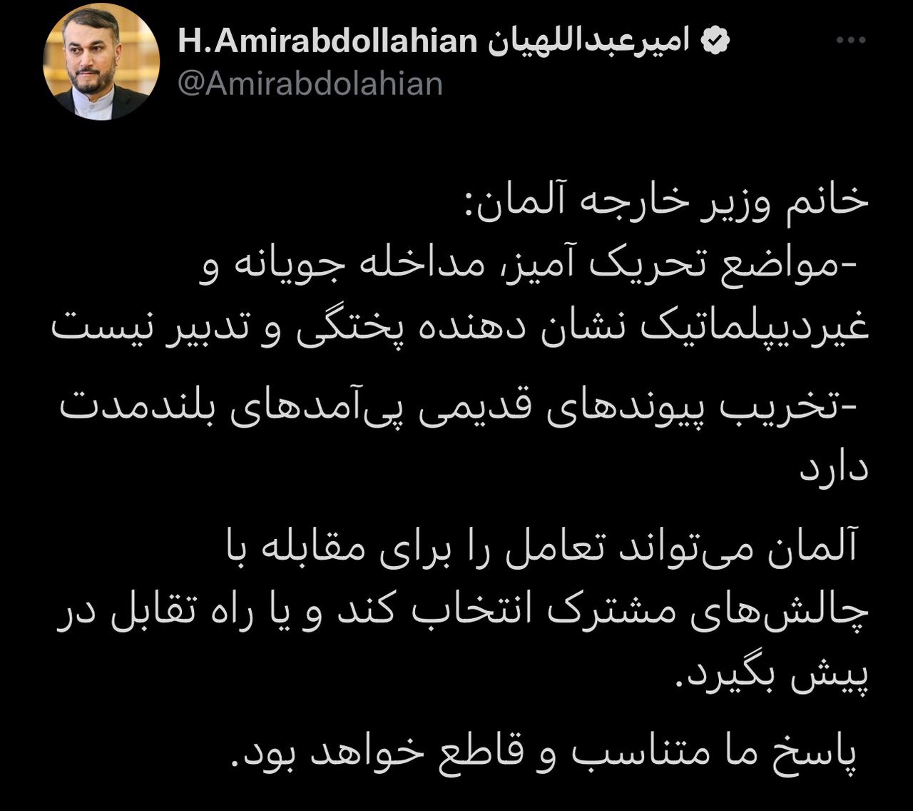 پاسخ وزیر امورخارجه به اقدامات تحریک‌آمیز آلمان/ امیر عبداللهیان: مواضع شما بیان‌گر پختگی و تدبیر نیست/ تخریب پیوندهای قدیمی پی‌آمدهای بلندمدت دارد