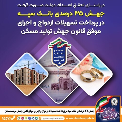 جهش ۳۵ درصدی بانک سپه در پرداخت تسهیلات ازدواج و اجرای موفق قانون جهش تولید مسکن جهش ۳۵ درصدی بانک سپه در پرداخت تسهیلات ازدواج و اجرای موفق قانون جهش تولید مسکن