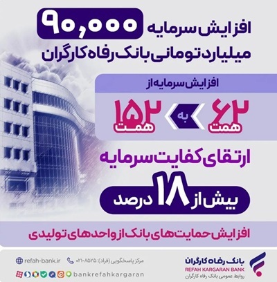 افزایش سرمایه بانک رفاه کارگران؛ گسترش نقشآفرینی در اقتصاد ملی و جهش حمایتها از تولید ملی و اشتغالزایی افزایش سرمایه بانک رفاه کارگران؛ گسترش نقشآفرینی در اقتصاد ملی و جهش حمایتها از تولید ملی و اشتغالزایی