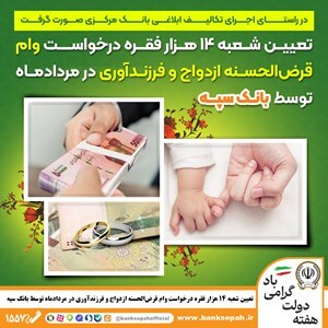 تعیین شعبه 14 هزار فقره درخواست وام قرضالحسنه ازدواج و فرزندآوری در مردادماه توسط بانک سپه تعیین شعبه 14 هزار فقره درخواست وام قرضالحسنه ازدواج و فرزندآوری در مردادماه توسط بانک سپه