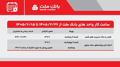 تغییر ساعت كار واحدهای بانك ملت از 26 اردیبهشت