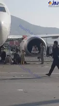 نشستن یک شهروند افغانستانی داخل موتور هواپیما/عکس